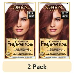 L'Oreal Paris Superior Preference Permanent Hair Color, RR04 Intense Dark Red, Experience preference is our true gold standard of beautiful color and shine. Preference's superior fade-defying color and shine system create a rich long-lasting color spectrum with luminosity, shine, and beautiful gray coverage. Luminous color shines from every strand and defies fade-out for up to 8 beautiful weeks. Plus, our color protective care supreme conditioner formulated with golden camelina oil, anti-oxidant Camelina Oil, Dyed Red Hair, Gray Coverage, Color Kit, Color Spectrum, Luminous Colours, Permanent Hair Color, Red Hair Color, Color Rojo