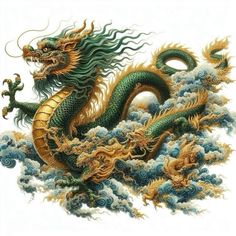 a green and gold dragon sitting on top of a cloud filled sky with water around it