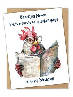 a birthday card with a rooster reading a newspaper