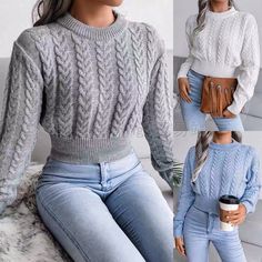 One Size Which Means That It Fits S M L Color Gray, Loose Fit Crop Pullover, Solid Color Sweater, Cropped Pullover, Pullover Outfit, Winter Pullover, Long Sleeve Pullover Sweater, Knit Crop, Knitted Pullover Sweaters, Casual Pullover