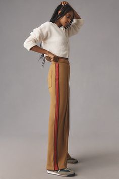 Polyester, cotton, elastane Side slant pockets Back patch pocket Pull-on styling Machine wash Imported | Pull-On Track Trouser Pants by Maeve in Beige, Women's, Size: XL, Polyester/Cotton/Elastane at Anthropologie Styling Track Pants, Sporty Wide-leg Pull-on Pants, Needle Track Pants, Relaxed Fit Pull-on Pants, Pull-on Trousers, Sporty Pull-on Trousers, Track Outfits, Adidas Outfit Women, Track Pants Outfit