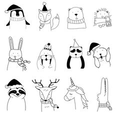 some animals wearing hats and scarves are drawn in the style of doodles