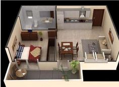 an overhead view of a two bedroom apartment with living room and dining area in the center