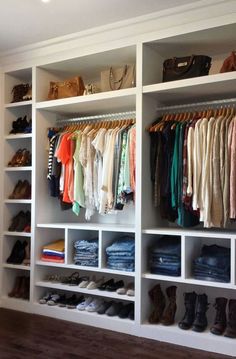 the closet is full of clothes and shoes