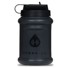 the hydro jug water bottle is black and has a lid that says hydrojug