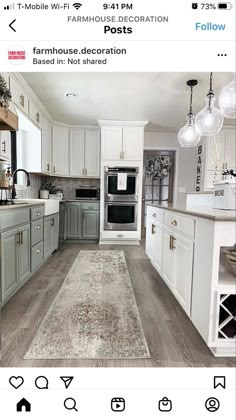 an instagram page with the image of a kitchen in white and gray tones, including rugs