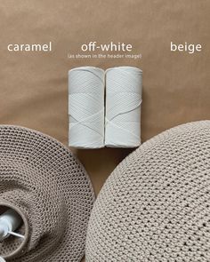 two balls of yarn sitting next to each other on top of a bed with the words caramel off - white as shown in the middle