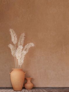 two vases with plants in them on a wooden floor next to a brown wall