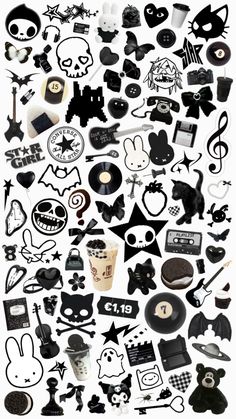 an assortment of black and white stickers