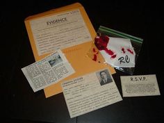 the contents of an envelope with blood on it and other papers taped up to them