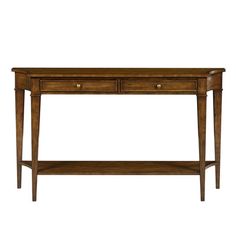 a wooden console table with two drawers on one side and an open shelf at the top