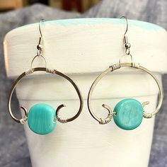 Nwot. Never Worn. Handmade By Local Pa Crafter. Silver Oval Hoop With Wire Wrap Accents. Flat Round Turquoise Bead. Stainless Fish Hook. Diy Wire Jewelry For Beginners, Round Beaded Earrings, Diy Earrings Dangle, Spear Earrings, Wire Fish, Wrapped Hoop Earrings, Making Jewelry For Beginners, Work Earrings, Aztec Earrings