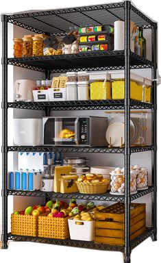 a metal shelving unit filled with lots of food