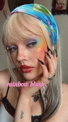 Fun Makeup Inspiration, Cute Colored Eyeliner Looks, Rainbow Highlighter Makeup, Pretty Blush Makeup, Pride Blush Makeup, Soft Rainbow Makeup, Barbie Movie Makeup Ideas, Pride Fest Makeup, Carebear Make Up