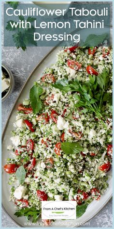 Photo of Cauliflower Tabouli with Lemon Tahini Dressing and Feta Cheese on gray platter garnished with fresh parsley and mint leaves. Dill Cauliflower Salad, Butternut Squash Tahini Salad, Cauliflower Tabouli Salad, Cauliflower Tabbouleh Salad, Cauliflower Tabbouleh, Tabbouleh Recipe, Side Salad Recipes, Lemon Tahini Dressing, Leafy Green Salads