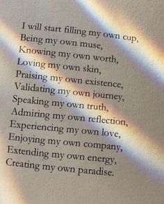 an image of a book with the words i will start filing my own cup, being my own mouse, loving my own skin