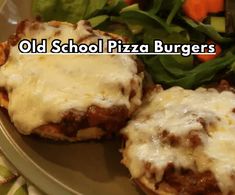 an old school pizza burgers with cheese on top and salad in the middle is ready to be eaten