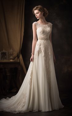 a woman in a wedding dress standing next to a window