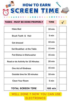a poster with instructions to learn how to use the screen time for children's electronic devices