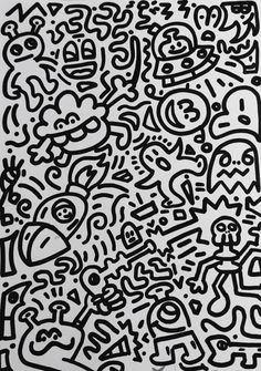 an abstract black and white drawing with many different faces on the surface, including one person's head