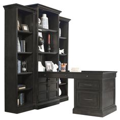 an office desk and bookcase with drawers