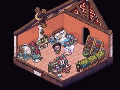 an animated image of a small house with lots of furniture and decorations on the floor