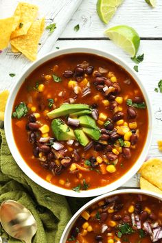 two bowls of mexican bean soup with tortilla chips