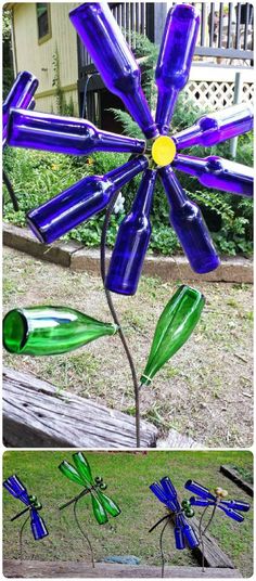 three different pictures of glass flowers in the grass