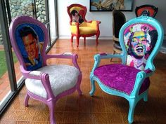 there are three chairs in the room with pictures on them and one has a barbie doll