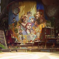 a large painting on the side of a building with stairs leading up to it and people standing in front