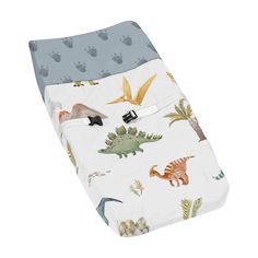 an image of a crib sheet with dinosaurs on it