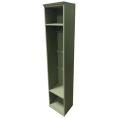 a tall green cabinet with two shelves on one side and an open door on the other