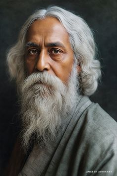 an old man with long white hair and beard wearing a grey robe, standing in front of a black background