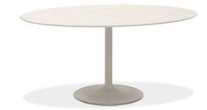 a white table with an oval base on a white background, it is isolated from the camera