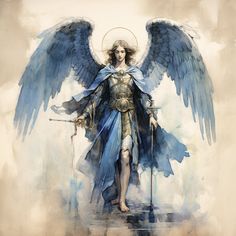 an angel with blue wings holding a staff