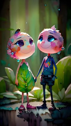 two cartoon characters are standing in the woods holding hands and looking into each other's eyes