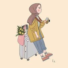 a woman standing next to a suitcase and taking a photo with her cell phone while wearing a hijab