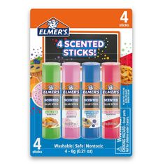 four different colored stickers with the words 4 scented sticks in each pack on them