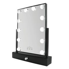 a black vanity mirror with lights on it