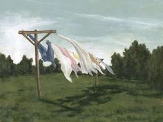 an oil painting of clothes hanging from a clothesline in a field with trees behind it