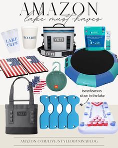 an assortment of items that include coolers, plates and cups