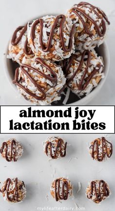 Learn how to make these delicious and filling almond joy lactation bites. These no-bake, vegan snack bites are a delicious, healthy, and milk boosting snack perfect for nursing moms looking for something sweet to eat between feedings or pumpings. Made with almond butter, shredded coconut, and a little chocolate, these healthy lactation bites are a nod to the candy bar classic, Almond Joy, only better. Breast Feeding Snacks For Mom, Almond Joy Energy Bites, Lactation No Bake Balls, Protein Balls Lactation, Almond Joy Lactation Balls, Make Ahead Lactation Snacks, Nursing Protein Balls, Postpartum Lactation Snacks, Lactation Balls No Bake