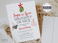 Invite guests to a Sugar and Spice Naughty or Nice lingerie shower, brunch, personal shower or bachelorette party! Celebrate the bride with a festive holiday theme! This invite features watercolor mistletoe and pretty lingerie. This is an editable invitation that you personalize and edit through Corjl.com DEMO LINK: Try before buying! Simply copy and paste the URL below into your browser: https://www.corjl.com/d/6JO8M WHAT YOU GET ✔ 5x7 Digital Invitation template ✔ Final design can be saved as Bachelorette Pantie Party, Bachelorette Lingerie Party Games, Lingerie Shower Decorations, Lingerie Shower Themes, Fall Engagement Party Invitations, Bachelorette Brunch, Christmas Lingerie, Christmas Bride, Lingerie Shower Invitations