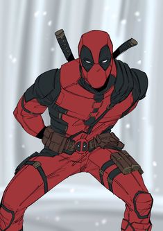 a drawing of deadpool with two swords in his hands and one hand on his hip