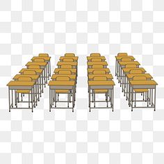 a row of desks with wooden chairs on each side, in front of a white background