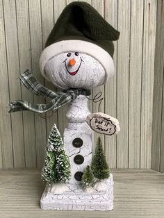 a snowman with a green hat and scarf