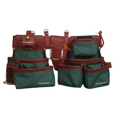 six pieces of green and red purses with zippered pockets on the front, one in