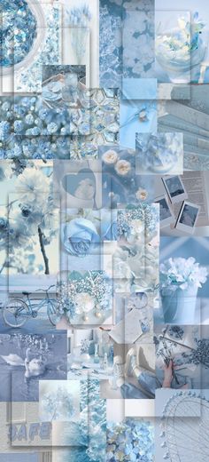 a collage of blue and white images with flowers in the middle, on top of each other