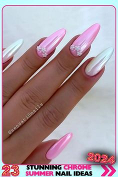 Almond-shaped pink and white chrome nails with floral designs. Gel nails with a glossy finish, ideal for weddings or garden parties. Feminine and romantic with a flattering almond shape. Keywords: chrome summer nails, floral pink nails. Pink And White Chrome Nails, Summer Nails Floral, Nude Cat Eye Nails, Christmas Candy Cane Nails, Chrome Summer Nails, Purple Chrome Nails, Almond Nails Pink, White Chrome Nails, Summer Nails 2024