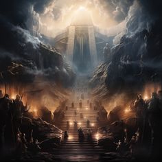 an image of a fantasy scene with stairs leading up to the sky and people standing in front of it